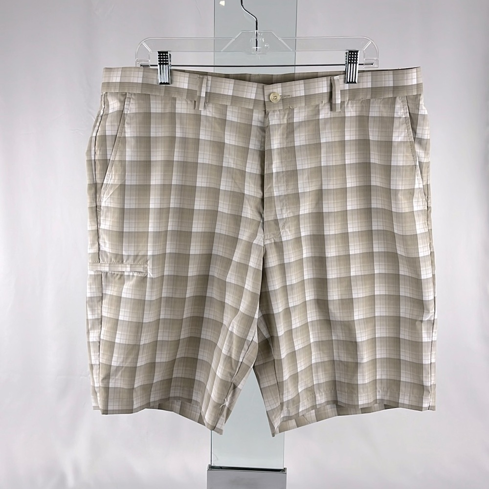 Grand Slam Performance Easy Care UPF 50+ Tan White Plaid Golf Shorts Size 38